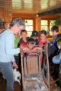 Susanne Ender erklärt den Schülern, wie aus dem geschorenen Haar der Schafe in mehreren Arbeitsgängen Wolle entsteht. Fotos: Schule Foto: Schwarzwälder-Bote