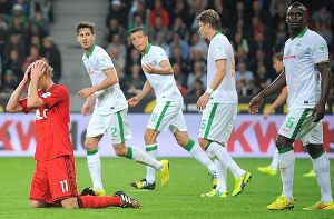 Leverkusens Stefan Kießling (links) ärgert sich nach einer vergebenen Torchance. Foto: dpa
