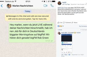 Vermeintlicher Beleg: Auch auf Facebook tut bigFM so, als sei die Abwerbeaktion seiner neuen Kollegin Gröger von Dasding live gewesen. Foto: Screenshot/Facebook