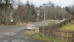Blick vom Fichtenweg auf das Gelände des Waldkindergartens (links). Kritiker aus dem Wohngebiet haben eine Tafel angebracht. Foto: Lutz Rademacher