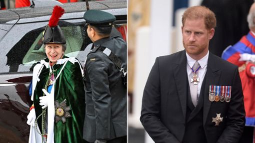 Prinzessin Annes beeindruckender Hut verdeckte bei König Charles’ Krönung beinahe den ganzen Prinzen Harry (Foto rechts). Foto: AFP/Toby Melville, imago/iImages