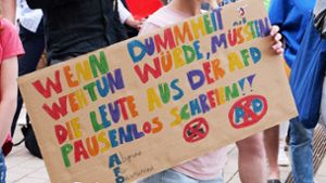 Mit bunten Plakaten und Schildern haben die Teilnehmer der Demonstration am Samstag in Albstadt deutlich gemacht, was sie von der AfD halten. Foto: Karina Eyrich