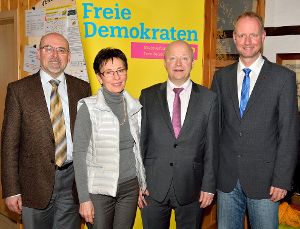 Die Redner des politischen Aschermittwochs der Horber FDP, von links: Alfred Seifriz, Margarete Rebholz, Michael Theurer und Timm Kern. Foto: Morlok