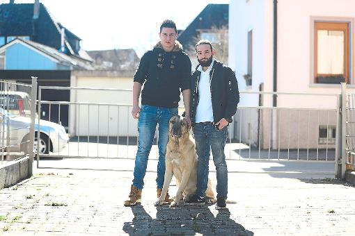 Berkay Çolakoglu (rechts) und sein Kumpel Dominik Grizelj sind fassunglos darüber, dass es ein bislang Unbekannter auf den Hirtenhund Pascha abgesehen hat. Sie hoffen, dass sich Zeugen zu den Vorfällen melden. Foto: Eich