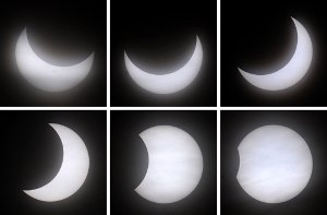 Verschiedene Phasen der partiellen Sonnenfinsternis am 4. Januar 2011. Auch am 20. März wird nur ein Teil der Sonne vom Mond bedeckt sein. Ob man das Himmelsschauspiel beobachten kann, hängt von der Wetterlage und vom Standort ab. Foto: dpa