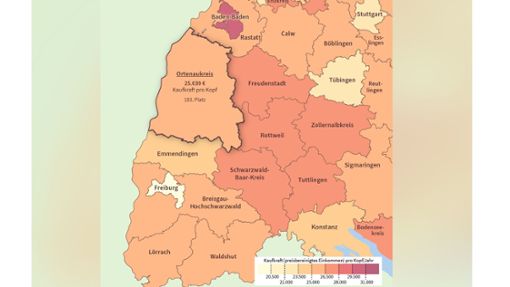 Die Kaufkraft der Landkreise im Vergleich Foto: Mapcreator.io/OSM.org/Geitlinger