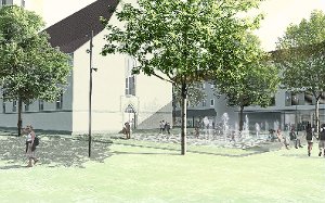 Sieht auf dem Plan schon ganz hübsch aus: der neue Hintere Kirchplatz in Balingen. Rechts im Bild, vor dem Kirchenportal, ist das Buchstabenfeld samt Wasserspiel zu sehen, das das zentrale Element dieses Bereichs werden soll. Foto: OK Landschaft