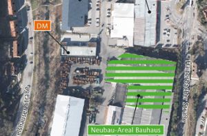 Im Süden des Einkauf-Areals Iselshauser Tal plant Bauhaus einen neuen Markt zu erstellen (grün schraffierte Fläche). (Grafik) Foto: Köppel