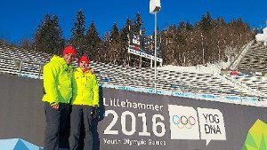 Die Stimmung  ist bei Christoph Klumpp und Jonathan Siegel derzeit so  prächtig wie das Wetter in Lillehammer.  Foto: Klumpp Foto: Schwarzwälder-Bote