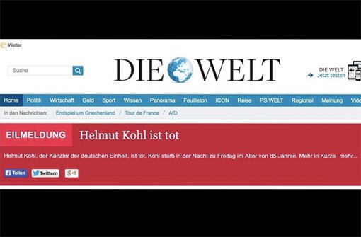 Welt Online erklärt Helmut Kohl fälschlicherweise für tot. Foto: https://twitter.com/medienrauschen
