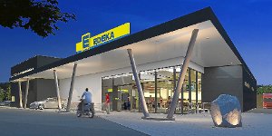 So soll der neue Edeka-Markt in Althengstett mit 1400 Quadratmetern Verkaufsfläche nach der Fertigstellung aussehen.  Grafik: müller + huber Foto: Schwarzwälder-Bote