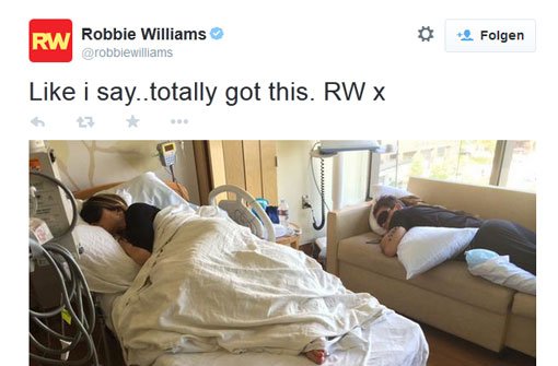 Liveticker aus der Klinik: Robbie Williams und Ayda Field lassen jeden an ihrer Elternschaft teilhaben. Foto: twitter.com/robbiewilliams