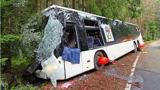 Ein Bus ist am Donnerstagmorgen bei Kälberbronn gegen einen Baum gekracht. Foto: Ortmann
