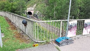 Blumen erinnern an das Unglück: Ein 57-jähriger Radfahrer ist am Samstagmorgen gegen das Brückengeländer im Neckartal geprallt und acht Meter in die Tiefe gestürzt. Foto: Otto