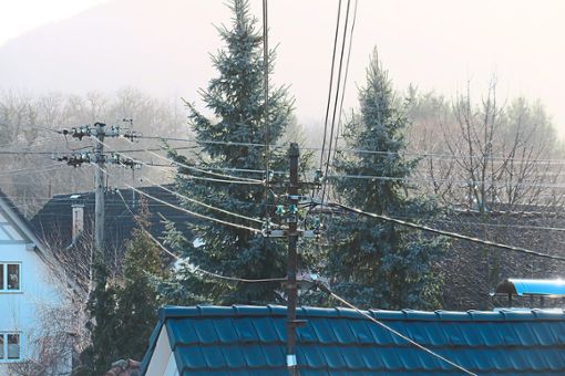 Stromleitungen über den Dächen der Gemeinde Friesenheim –  ein selbstverständliches Bild. Wer sein Dach sanieren will, muss derzeit für die Isolierung bezahlen. Foto: Bohnert-Seidel
