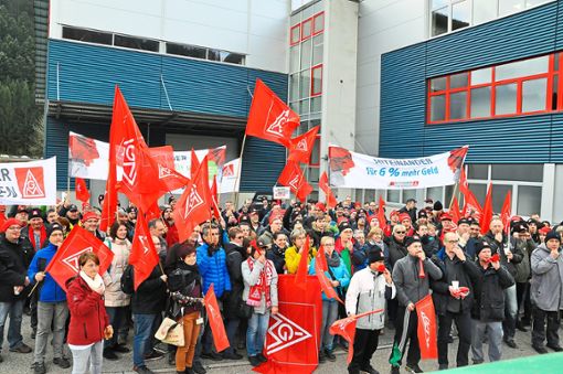 Nichts gefallen lassen wollen sich die 330 Arbeitnehmer aus der Metall- und Elektroindustrie: Sie streiken am Donnerstagnachmittag auf dem Betriebsgelände von Supfina am Schmelzegrün in Wolfach.   Foto: Steitz