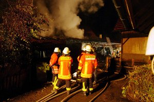 Die lodernden Flammen auf dem Steinacher Gehöft versuchen rund 70 Feuerwehrmänner unter Kontrolle zu bringen.   Foto: Reinhard
