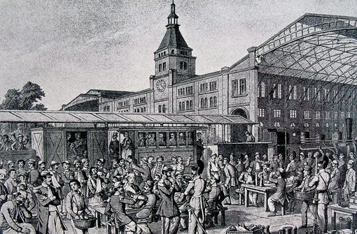 So präsentierte sich der erste von Carl Etzel erbaute Stuttgarter Bahnhof von 1846 in der heutigen Lautenschlagerstraße. Schauen Sie sich in unserer Bildergalerie mehr Impressionen an. Foto: Archiv Amt für Stadtplanung