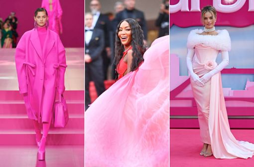 Pretty in Pink (von links): Valentinos Herbst/Winter-Kollektion, das Topmodel Naomi Campbell und die „Barbie“-Hauptdarstellerin Margot Robbie. Foto: Imago/PA Images