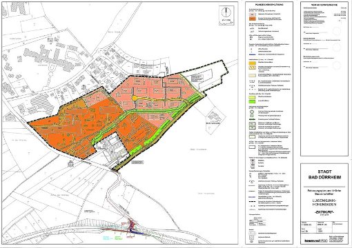 Hier die vorläufige Planung für die künftige Nutzung des Areals Hohenbaden. Im nordöstlichen eingefärbten Bereich sind zwölf Baufen­ster für eine Wohnbebauung zu erkennen. Grafik: Stadt