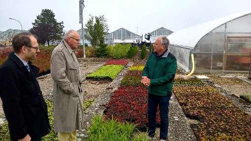 Thomas Schuler (rechts) führt den FDP-Abgeordneten Gerhard Aden (Mitte) und Bürgermeister Ralf Ulbrich durch seinen Gartenbaubetrieb.  Foto: FDP Foto: Schwarzwälder-Bote