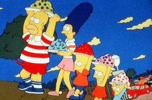 Die Simpsons - Homer, Marge, Bart, Lisa und Maggie - auf dem Weg zu einem Picknick. Die Szene stammt aus einer Folge aus dem Jahr 1991. Das ZDF strahlte am 13. September 1991 die erste deutsche Folge der Simpsons aus. Foto: AP