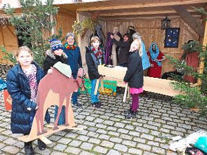 Schüler und Lehrer der Karl-Georg-Haldenwang-Schule bauten gestern ihre selbst hergestellte Krippe auf, die während der  Burgweihnacht im Zavelsteiner Städtle zu sehen ist. Foto: Stocker Foto: Schwarzwälder-Bote