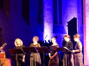 Vor imposanter Kulisse präsentieren sich die fünf Sängerinnen des Tiburtina Ensemble Prag mit Leiterin Barbora Kabátova (rechts). Foto: Kouba Foto: Schwarzwälder-Bote