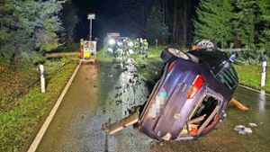 Nahe  Spielberg schanzte ein Auto über eine umgestürzte Tanne. Foto: Feuerwehr Pfalzgrafenweiler