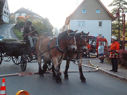Die Feuerwehr Fischbach blickt auf eine lange Geschichte zurück. Das Bild zeigt eine Herbsthauptprobe aus dem Jahr 2003. Bei der damaligen Probe durchquerte auch ein Pferdegespann das Übungsgelände. Foto: Bantle Foto: Schwarzwälder-Bote