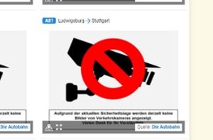 Zurzeit nicht verfügbar: Die Verkehrskameras an den Autobahnen im Land. (Screenshot) Foto: verkehrsinfo-bw.de/Die Autobahn