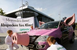 Schon seit Jahren streiten Umweltschützer mit Mercedes über den Klimaschutz, wie hier bei einer Aktion von Greenpeace 2008. Foto: dpa//ernd Weißbrod