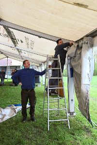 Die Sumpfohrener bauen das Zelt  auf (von links): Christian Albicker und Mathias Brodhag.  Foto: Wieland Foto: Schwarzwälder-Bote