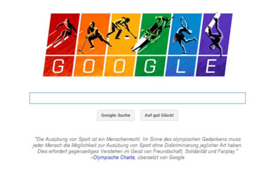 7. Februar 2014: Olympialogo in Regenbogenfarben - Google wirbt mit seinem Doodle vor den Winterspielen in Sotschi um Toleranz.