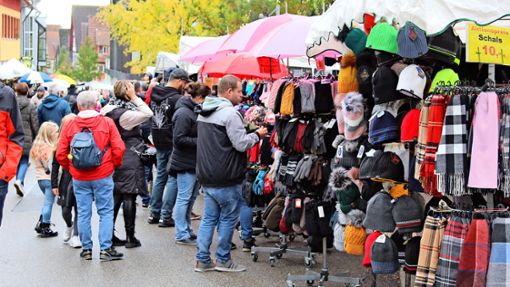 Bunte Stände im tristen Grau: Schals, Mützen und Handschuhe waren beim Herbstmarkt in Dornstetten gefragt. Foto: Baum