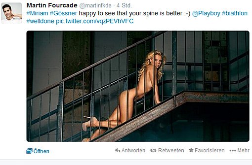 Die Playboy-Fotos von Wintersportlerin Miriam Gössner machten offensichtlich schnell die Runde. Hier ein Tweet dazu von Martin Fourcade. Foto: twitter.com/martinfkde | Screenshot: SIR