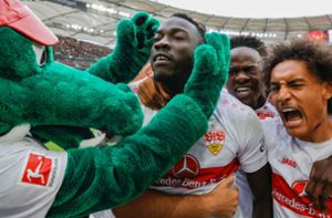 So sehen Sieger aus: Die VfB-Profis jubeln mit Maskottchen. Foto: Baumann