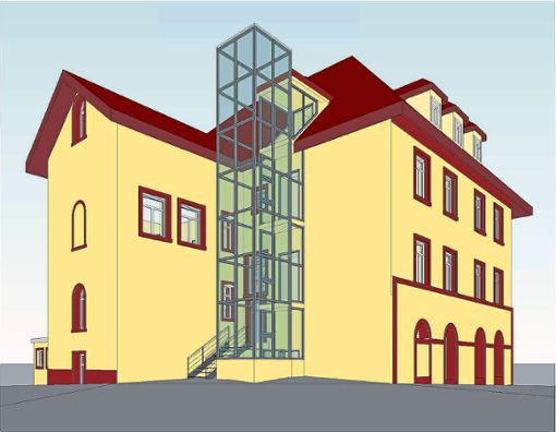 Verabschiedet wurde im Gemeinderat der Bauantrag für diesen Aufzug auf der Rückseite des Vöhrenbacher Rathauses. (Grafik) Foto: Architekturbüro Reiber