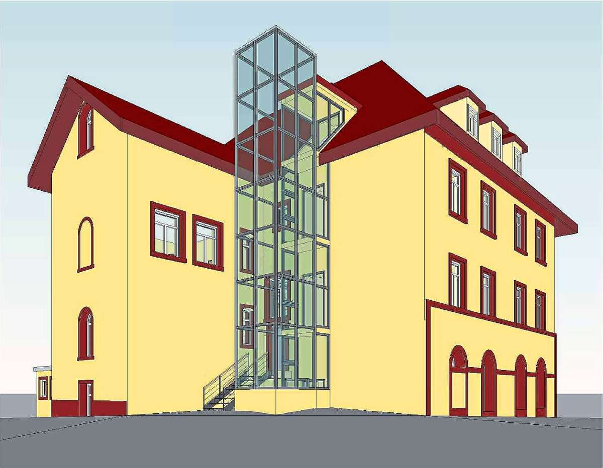 Verabschiedet wurde im Gemeinderat der Bauantrag für diesen Aufzug auf der Rückseite des Vöhrenbacher Rathauses. (Grafik) Foto: Architekturbüro Reiber