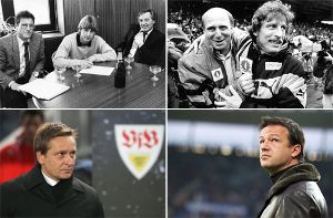 Von Ulrich Schäfer (links oben, ganz links) bis Fredi Bobic (rechts unten): Seit 1976 waren beim VfB Stuttgart neun Manager unter Vertrag (rechts oben: Dieter Hoeneß (links) mit Christoph Daum, links unten: Horst Heldt).  Foto: Pressefoto Baumann/dpa/SIR-Montage