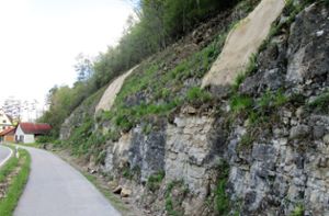 Deutlich lockere Steine sind an der Felswand erkennbar, und dicke Brocken liegen bereits neben der Fahrbahn. Foto: Schwind
