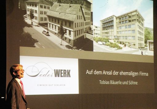 Constantin Papst spricht über Details des in der Bahnhofstraße entstehenden Hotels Federwerk. Foto: Hübner Foto: Schwarzwälder Bote