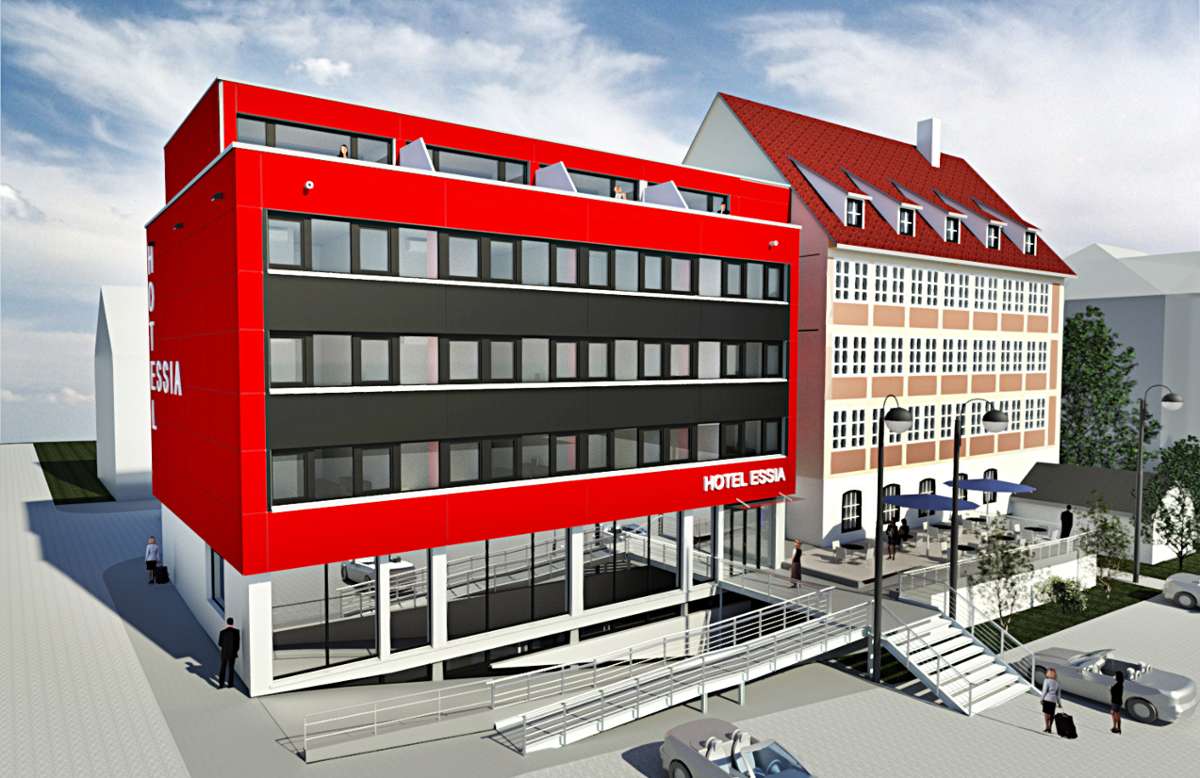 Ein moderner neben einem denkmalgeschützten Gebäudeteil: Das Hotel Essia wird barrierefrei und modern. (Skizze) Foto: Tosun GmbH