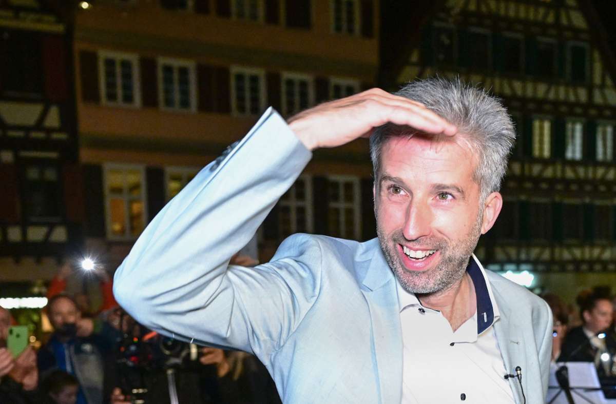 Boris Palmer nach seinem Wahlsieg in Tübingen. Foto: dpa/Bernd Weißbrod