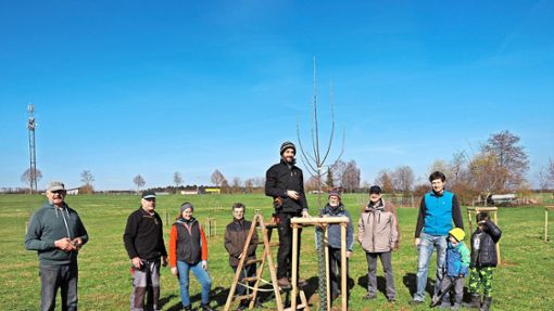 Kreisfachberater Magnus Jauch(Bildmitte), Uschi Binder,  Vorsitzende vom Obst - und Gartenbauverein Bösingen (links) beschäftigen sich mit dem fachgerechten Jungbaumschnitt. Foto: Hölsch