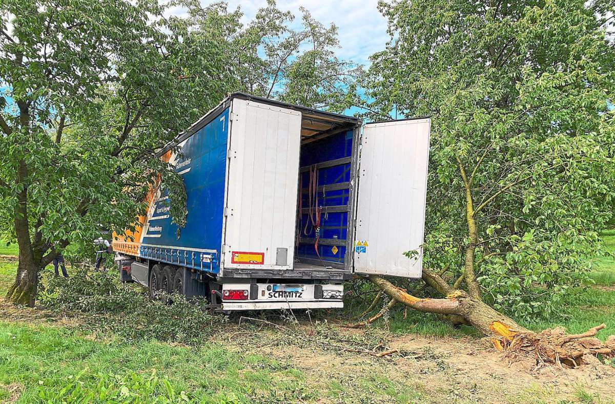 Ein Lastwagen ist bei Achern von der Landstraße abgekommen und in Obstbäume gekracht. Foto: Einsatz-Report 24