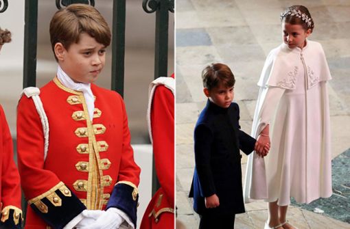 In der roten Uniform des Ehrenpagen: Prinz George. Prinzessin Charlotte hält Prinz Louis an der Hand. Foto: AFP/dpa