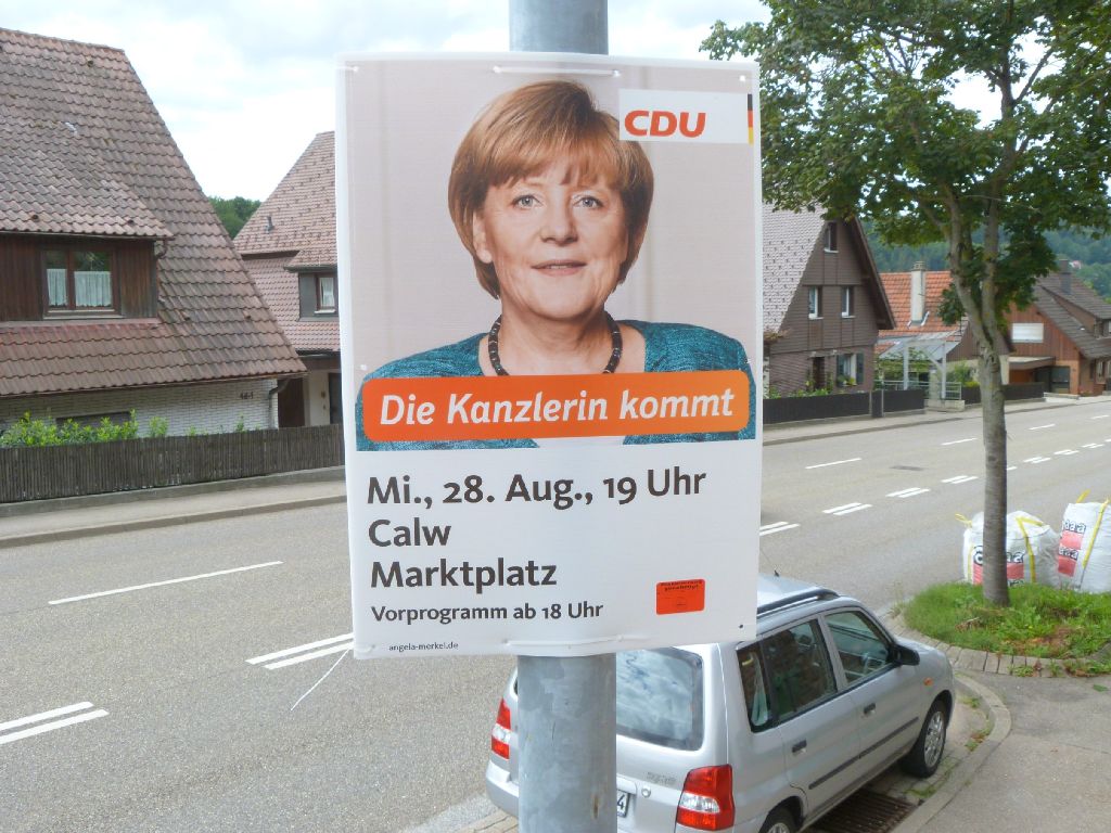 Auf Plakaten ist sie schon seit geraumer Zeit zu sehen, am nächsten Mittwoch kommt Merkel dann leibhaftig nach Calw. Foto: Schuon