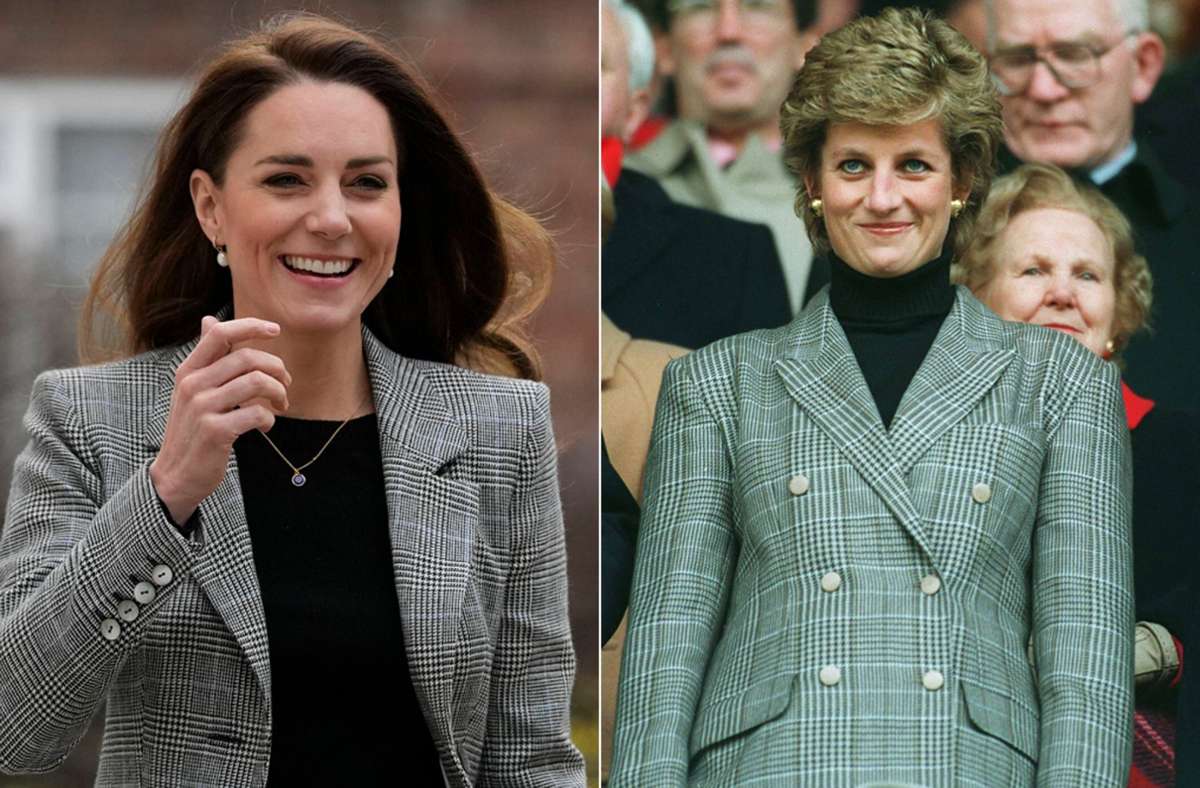 Mit diesem Blazer sendet Herzogin Kate (links) starke Diana-Vibes: Die Prinzessin von Wales (rechts) trug seinerzeit ein ganz ähnliches Teil.