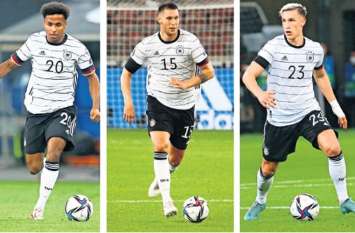 Karim Adeyemi, Niklas Süle und Nico Schlotterbeck (von links) bilden zusammen mit Marco Reus und Julian Brandt den BVB-Block im Kader der Nationalmannschaft. Foto: Baumann
